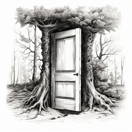 an artist's rendering of a door adrift in a forest of tangled tree roots. this nostalgic illustration captures the essence of fairy tale illustrations with its monochrome canvas and enigmatic characters. the arched doorway adds a touch of mystery, while the cabincore aesthetic and psychological symbolism create an intriguing atmosphere. ai generatedの素材