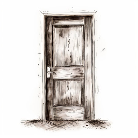 an open wooden door vector illustration (id: 249487) featuring a subtle ink wash style. this post-apocalyptic artwork showcases emotive use of light and shadow, trompe l'oeil realism, and poetcore elements. the dusty piles and flattened perspective add to the overall atmosphere. ai generatedの素材