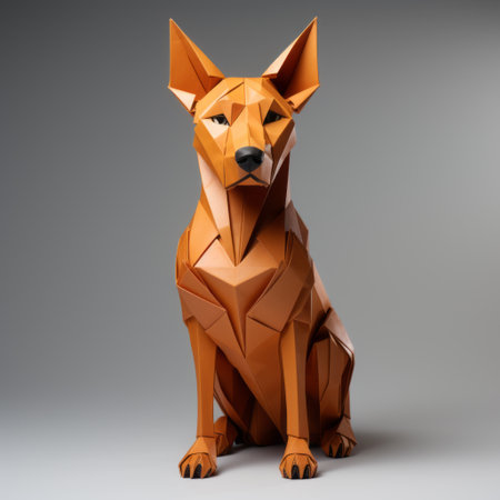 an origami dog in papercraft shape, resembling the style of zbrush, is captured in this photo. the dog is crafted with precisionist lines and shapes, showcasing a dark orange hue. the artist, known for their expertise in object portraiture, has incorporated native australian motifs into the design. the layered and textured surfaces add depth to this 32k uhd image. ai generatedの素材