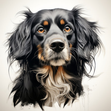 a watercolor painting of a black and tan dog, created in the style of photobashing by olivier valsecchi. the digital illustration showcases accurate and detailed features, with caricature faces. the artwork incorporates a unique paint dripping technique, reminiscent of peter lely's style. ai generatedの素材