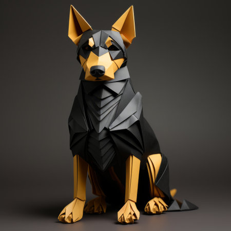 a polygonal dog, 3d printed by pktt, showcases a dark black and yellow color scheme. this aggressive digital illustration features layered and textured surfaces, with a combination of light orange and dark gray tones. the design incorporates folded planes, creating a visually striking representation of animals and people. ai generatedの素材