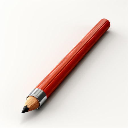 a red pencil is showcased on a flat surface in a realistic hyper-detailed rendering style. the pencil, rendered in maya, features an orange hue and exhibits photorealistic qualities. this image highlights the pencil's industrial and product design, with its rounded shape and meticulous attention to realistic detail. ai generatedの素材