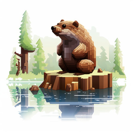 a pixel animation featuring a bear and its tree, inspired by the intricate wood sculptures of calm waters. this concept art showcases blocky yet romanticized depictions of the wilderness, reminiscent of stone sculptures. with rtx on, the animation brings a stunning level of realism to this artistic portrayal of nature. ai generatedの素材
