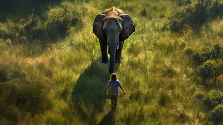 a woman walks alongside an elephant in a picturesque field, captured in the style of photorealistic fantasies. this national geographic-worthy photo, with its birds-eye-view perspective, showcases the child-like innocence and photorealistic accuracy reminiscent of children's book illustrations. the image is presented in stunning 8k resolution, bringing every detail to life. ai generatedの素材