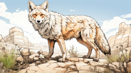 a wolf stands on a rocky hill in a desert, depicted in detailed comic book art style. the illustration showcases hyper-realistic animal features with light orange tones and high-contrast shading. the artwork draws inspiration from the ashcan school movement, featuring character caricatures and richly colored elements. ai generatedの素材
