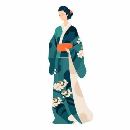a geisha, dressed in a traditional japanese kimono, is depicted in this vector illustration. the artwork showcases a dark teal and light beige color scheme, with accents of light orange and dark green. the flat illustrations feature dappled details against a white background, creating elegant compositions inspired by the east. ai generatedの素材