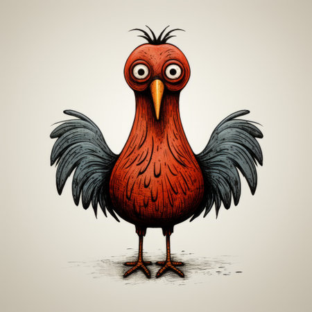 a chinese scarab rooster depicted in a cartoon style, showcasing emotive surreal character studies. this life-like avian illustration features a combination of light red and dark gray tones, creating a quirky realism. the artwork draws inspiration from gritty horror comics, resulting in a realistic yet imaginative portrayal. the overall aesthetic is reminiscent of childlike illustrations. ai generatedの素材
