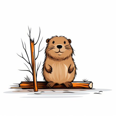 a cute cartoon beaver is depicted sitting in a wood with a tree stump in this vector illustration. the artwork is done in the style of murals and wall drawings, featuring a combination of dark white and light orange colors. the illustration has a late 19th-century vibe and incorporates elements of caninecore, engineering construction and design. it is characterized by accurate and detailed pen andの素材