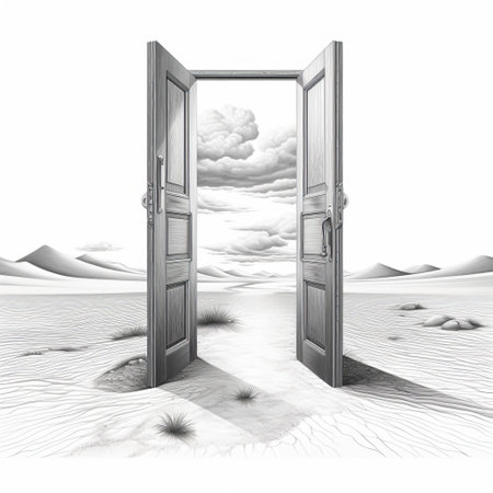 an illustration of a door leading to a desert, done in the style of black and white realism. this surreal seascape depicts a lifelike rendering of a two-dimensional door, reminiscent of peter blume's work. the illustration captures psychological phenomena and evokes a sense of romanticism. ai generatedの素材