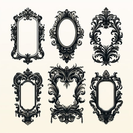 an ornamental mirror frame with roses set in the style of baroque portraiture. the frame features a combination of dark black and light black colors, showcasing organic biomorphic forms. it is adorned with decorative vessels, rococo elements, and intricate engraved ornaments, representing the beauty of decorative arts. ai generatedの素材