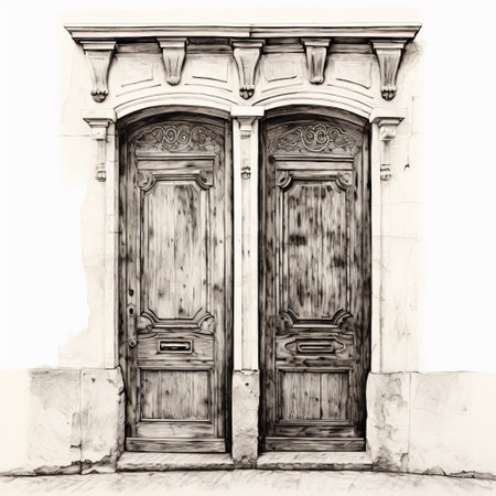 two old doors, captured in black and white, showcase delicate watercolor-like details and intricate engravings. the varying wood grains add a touch of rustic charm to the streetscape captured by ferenc pinter. against a white background, these architectural transformations come to life. ai generatedの素材