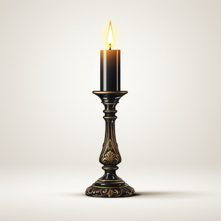 an antique candle in a glass, with a light gold and dark black design, is placed on a white background. the 3d objects appear luminous, with dark and foreboding colors. the candle showcases intricate carving, reminiscent of the style of serge marshennikov. the lighting adds a theatrical touch, enhancing the ornate simplicity of the overall composition. ai generatedの素材