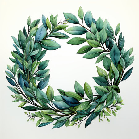 a hand-painted floral green wreath, featuring realistic usage of light and color. the wreath showcases soft gradients, with a combination of dark silver and light indigo hues. the intricate detailing adds a touch of realism, while the symmetrical harmony creates a visually pleasing composition. crafted from organic materials, the wreath is adorned with soft shading for added depth and dimension. ai generatedの素材