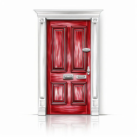 a red door stands out against a vibrant blue background in this vector illustration. the style of the artwork resembles a monochromatic ink wash, with a white background adding contrast. the overall aesthetic exudes a sense of luxurious opulence, reminiscent of the bloomsbury group. the door showcases varying wood grains, while the use of light white and dark magenta hues adds character to the penの素材