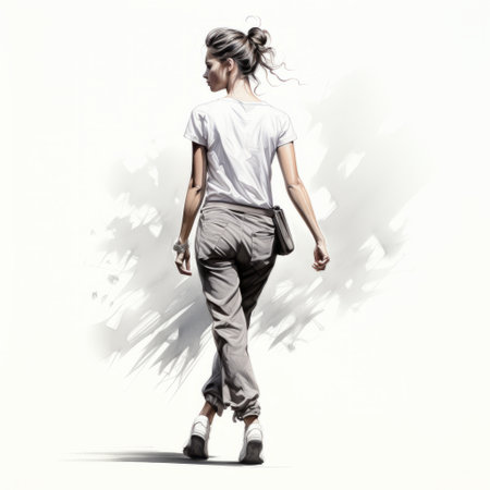 a portrait of a young elegant brunette woman walking in the city with paint, depicted in the style of serge marshennikov and florian nicolle. the illustration showcases graceful movements and features contrasting shadows. the digitally enhanced image is predominantly white and gray, with a crumpled effect adding texture to the artwork. ai generatedの素材