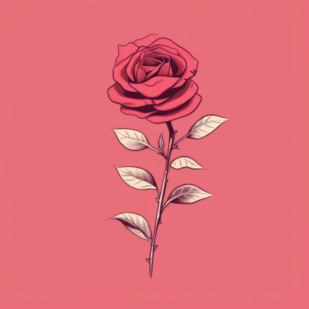 a single rose, depicted with a stylized brush, stands out against a vibrant pink background. this highly detailed illustration captures the essence of the flower, showcasing shades of dark red and light pink. created in the style of frank thorne, the artwork exudes liveliness and charm. the use of vintage imagery and pure colors adds to its appeal. ai generatedの素材