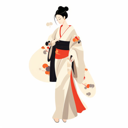 a woman of all ages stands gracefully in a charming kimono, holding a paper ring. this elegant composition features charming character illustrations with a mix of dark white and light red, as well as light orange and black accents. the woman's gentle expressions and graceful poses add a touch of beauty to this editorial illustration. ai generatedの素材