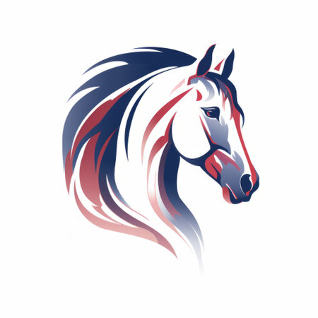 an american stallion horse with a striking horse head logo in a graphic design-inspired style. the horse head vector is depicted in electric colors of light navy and red, creating a visually captivating image. the precision painting technique and the light white and navy background add depth and elegance to this unique artwork. ai generatedの素材