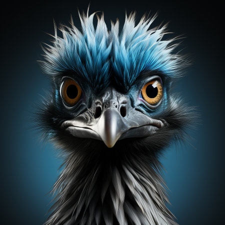 emu birds and emu crotals, depicted in the style of zbrush, showcase striking digital surrealism. with blue hair and light brown eyes, these quirky portraits by aleksi briclot captivate viewers with their witty and clever cartoon-like appeal. the dark gray and light blue color palette adds to the surreal atmosphere, while the birds-eye-view perspective offers a unique visual experience. ai generatedの素材