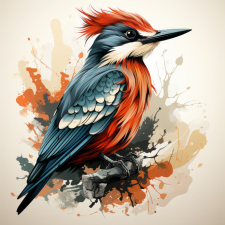 a cartoon bird perches on a branch adorned with vibrant paint splashes, showcasing a hyper-realistic style of animal illustration. the bird's feathers are a striking combination of red, blue, dark orange, and gray, while the branch features elegant inking techniques. the overall image is enhanced by the contrasting hues of light red and dark emerald, giving the artwork a raw and characterful appeal. ai generatedの素材
