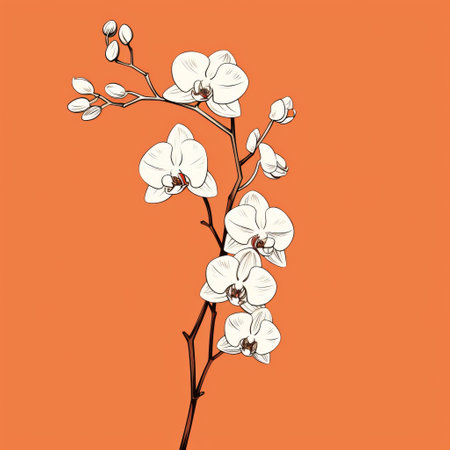 an orchid branch is depicted in this stock vector, set against a vibrant orange background. the illustration follows a minimalistic black and white sketch style, with white and beige tones. the compositions are both simplified and detailed, drawing inspiration from nature. the bold outline adds a striking contrast to the white and orange elements. ai generatedの素材