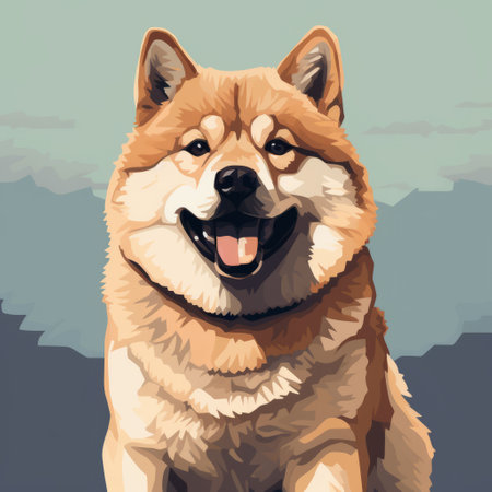 a funny akita dog is depicted in this pixel-art drawing, showcasing realistic landscapes with soft, tonal colors such as dark beige and sky-blue. the vibrant acrylic colors bring the artwork to life, while the 8k resolution ensures a high level of detail. the layered portraits feature light maroon and gray tones, adding depth to the composition. ai generatedの素材