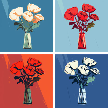 a set of six 4 by 4 portraits featuring flowers in the style of pop art advertising. the portraits showcase the same color and pattern, with a flat perspective and classic still life compositions. the flowers are depicted in light red and light navy, creating a romantic and visually striking effect. the compositions are flat and enhanced with an anaglyph effect. ai generatedの素材