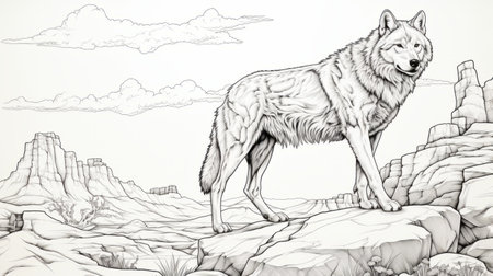 a wolf gazes attentively from a rugged cliff in the desert, captured in intricate linework by bryan hitch. this commissioned artwork showcases tonal landscapes and monumental murals, perfect for caninecore enthusiasts and editorial illustrations. ai generatedの素材