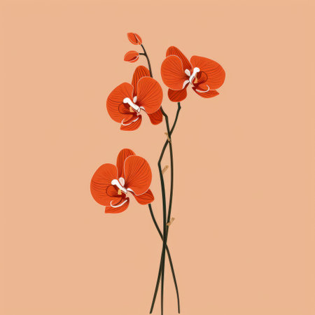 three red colored orchids are elegantly arranged on a vibrant yellow background, creating a chic and stylish composition. the illustration showcases a graceful balance between the dark orange and light beige hues, while also incorporating a touch of minimalist simplicity with the dark orange and light emerald accents. ai generatedの素材