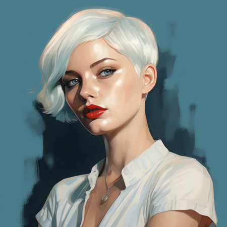 a studio portrait of victoria fenusti, a female artist known for her unique style of aggressive digital illustration. her artwork showcases a blend of dark, white, and light azure tones, with sharp edges and a retro charm. using traditional oil-painting techniques, she creates cartoony characters that captivate with their bold and expressive face and body art. ai generatedの素材