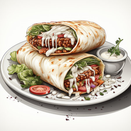 thai burrito with salad and condiments beautifully presented on a white plate. this hyper-detailed illustration, inspired by the style of realistic portrait painter serge marshennikov, features vibrant swirling colors. the composition resembles the work of an architectural illustrator, with elements of cartoon-like aesthetics. the dark white and red tones add depth and visual appeal to this visually stunning image. ai generatedの素材