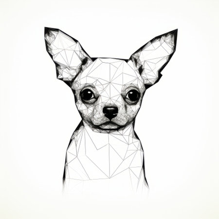 a chihuahua and his dog are depicted in a unique artistic style, featuring geometric shapes and monochrome portraits. the portraits are created using crystals, with subtle ink application and minimal lines. the sharp perspective angles and wire elements add depth to the design, while the cute cartoonish details enhance the overall charm of the artwork. ai generatedの素材