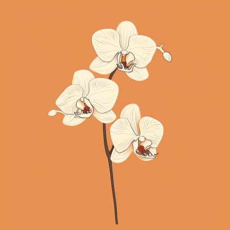 two orange orchid flowers stand out against an orange background in this minimalistic and sophisticated illustration. the linear style adds a touch of elegance, while the dark white and beige tones create a harmonious contrast. this illustration captures the beauty of orchids in a simple yet captivating way. ai generatedの素材