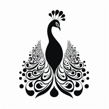 an ornamental silhouette of a peacock, created in a monochromatic graphic design style, stands against a white background. this graffiti-inspired animal artwork, found on flickr, showcases a blend of dark white and dark black tones. the minimalist illustrator has skillfully layered various elements to create a visually rich composition. ai generatedの素材