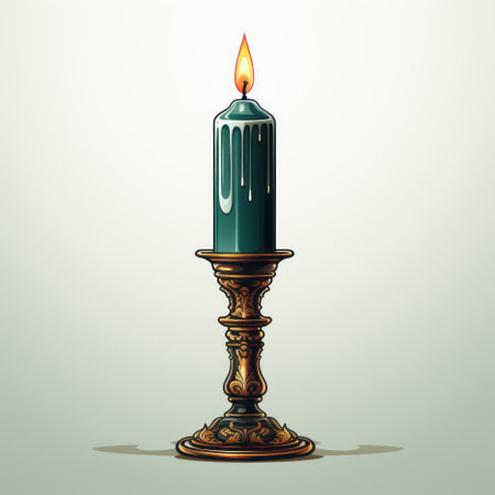 an old man's candle burns on a table, emitting a soft emerald light against a backdrop of dark bronze. this architectural illustrator's creation showcases a smooth and shiny aesthetic, reminiscent of classic tattoo motifs. the colored cartoon style, influenced by neue sachlichkeit, is enhanced by detailed shading. ai generatedの素材