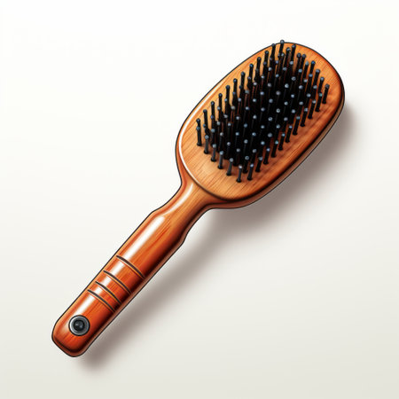 a wooden brush with crimps, resembling hyperrealistic illustrations, features a glossy finish and intricate weaving. the brush has a rounded shape and is artistically designed by emek golan. the realistic lighting enhances the details of the brush, showcasing its body extensions. ai generatedの素材