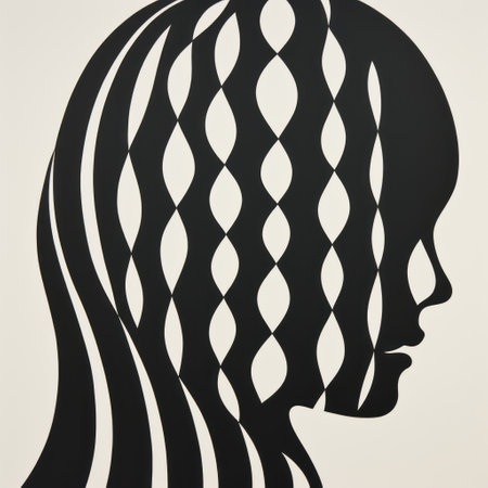 a person with a face and hair is depicted in this image, showcasing the contemporary op art style. the artwork features streamlined forms, a combination of dark, white, and black colors, and highly detailed figures. the smooth curves and use of american iconography add depth to the composition, while the silhouette figures enhance the overall visual impact. ai generatedの素材