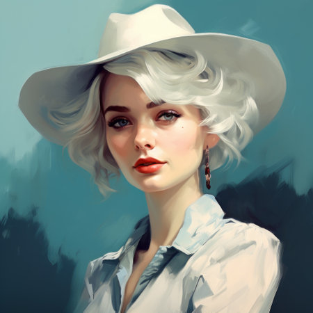 a digital painting featuring a woman wearing a white hat. the artwork showcases a cartoony character with a realistic portrayal, reminiscent of western-style portraits. the image has a crisp and clean look, with a color palette of dark cyan and white. it exudes a glamorous pin-up vibe. ai generatedの素材