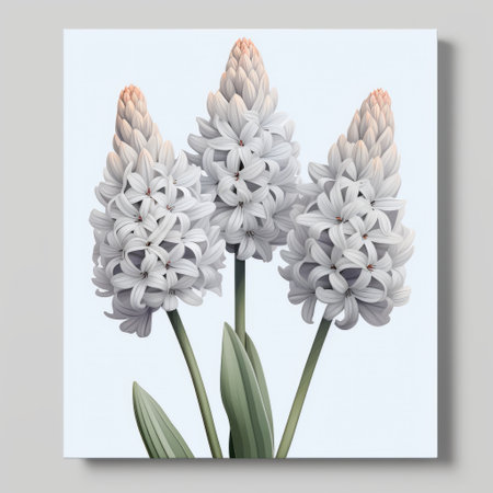 three hyacinth flowers are depicted in this art print, showcasing a light gray color palette and a hyper-detailed, realistic style. the compositions are simple yet elegant, with a focus on tactile canvases. inspired by dansaekhwa, the artwork features flat, limited shading, creating a visually striking effect. ai generatedの素材