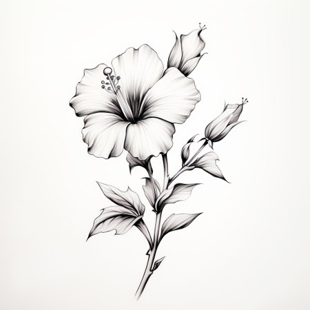 a hand-drawn black and white ink painting of a hibiscus orchid flower, showcasing intricate minimalism and realistic usage of light and color. this traditional style artwork captures the delicate paper cutouts and classical proportions, creating a harmonious representation of nature. perfect for tattoo inspiration or appreciating the beauty of flowers. ai generatedの素材