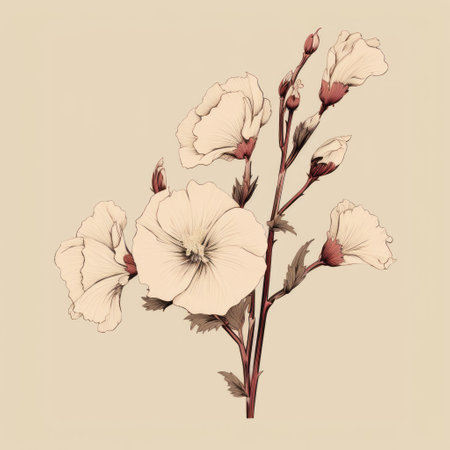 stylized white flowers illustration for poster design, inspired by vintage sepia-toned photography. the minimalistic drawings showcase the charm of song dynasty art, with crimson and beige tones. the pencil art illustrations accurately depict bird specimens, creating a captivating and nostalgic atmosphere. ai generatedの素材