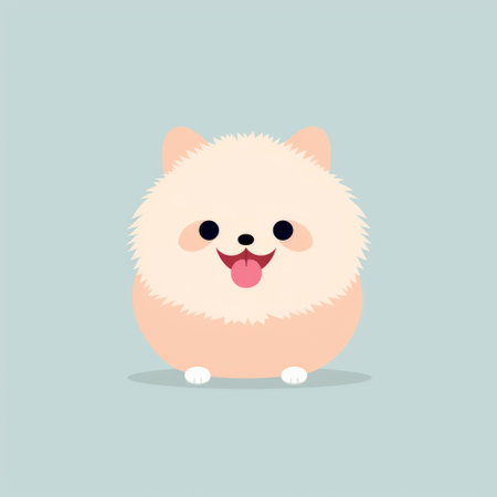 a playful character design featuring a cute pomeranian dog with long white hair and a long tongue. the style showcases light pink and light indigo colors with sfumato effects. the dog's playful expressions are enhanced by light maroon and light beige accents, while subtle gradients in dark cyan and light beige add depth to the image. ai generatedの素材