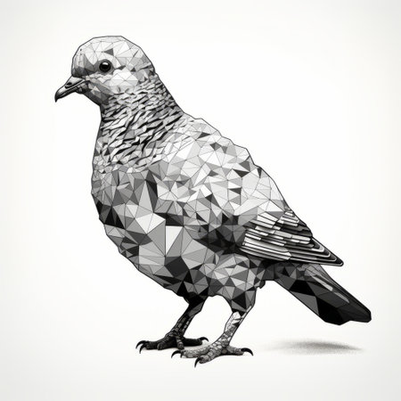 a pigeon stands in the background, surrounded by intricate black and white illustrations made of thin lines. the style of the artwork is realistic and hyper-detailed, with geometric precision and faceted shapes. the pigeon is depicted in a hyper-realistic manner, and the artwork is showcased on an aluminum surface against a white background. ai generatedの素材