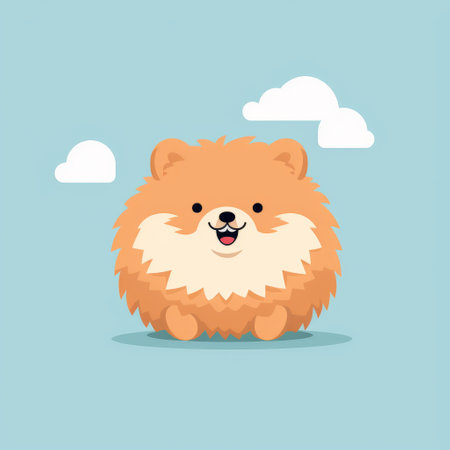 a photo of adorable pomeranians from the land of the pomeranian. these cute dogs are depicted in a flat illustration style, with sky-blue and amber colors. they have strong facial expressions and are set against flat backgrounds with atmospheric clouds. the designs are clean, simple, and beautifully illustrated. ai generatedの素材