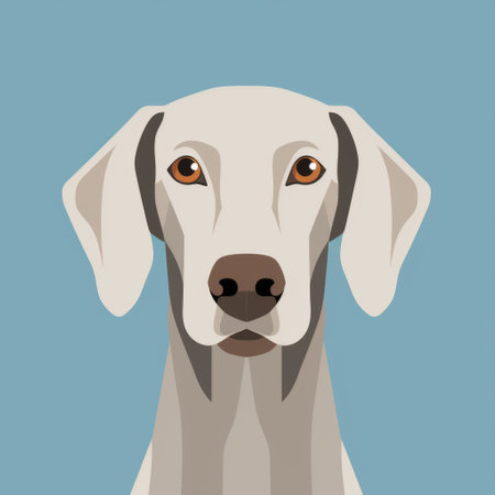 a cute dog is portrayed in this photo against a grey background. the image features bold graphic shapes, with light blue and beige colors dominating the composition. the flat perspective adds a unique touch to the germanic art-inspired style. the dog's fur is a combination of light white and light orange, creating a sleek and eye-catching look. this portrait is a blend of traditional portraitureの素材