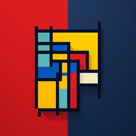 a vibrant, stylized picture of a square tower inspired by the bauhaus functional design movement. the image features layered lines in dark red and dark blue against flat backgrounds, showcasing abstract minimalism. this artwork appeals to admirers of linear movements and the revival of historic art forms. ai generatedの素材