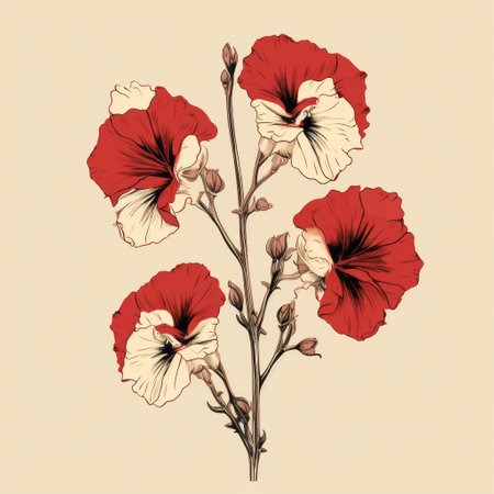 a sketch illustration of red, white, and beige flowers is depicted in this artwork. created using ink lines and brush strokes, the flowers are set against a beige background. the style of the illustration is reminiscent of artemisia gentileschi, xu beihong, and graphic and scientific illustrations. the artwork showcases a harmonious blend of realistic details and a connection with nature. ai generatedの素材