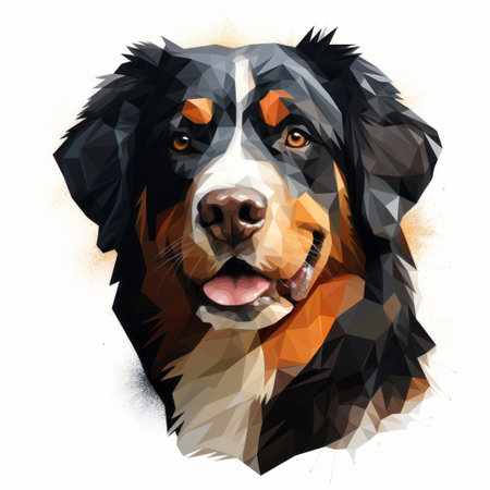 a vector illustration of a bernese dog in a geometric cubism style, created using realistic portrait painting techniques. the image has a lensbaby effect and was created using zbrush and photo-realistic techniques. the artwork features colorful ink wash paintings with shades of dark gray and amber. ai generatedの素材