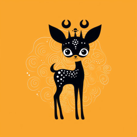 a whimsical portrait of a tiny black deer with horns in a circular pattern, reminiscent of characters from fairy tales. the deer is depicted in dark yellow and light orange hues, against a backdrop of playful columns and totems. the design showcases strong use of negative space and playfully ornate elements, creating a captivating and enchanting visual. ai generatedの素材