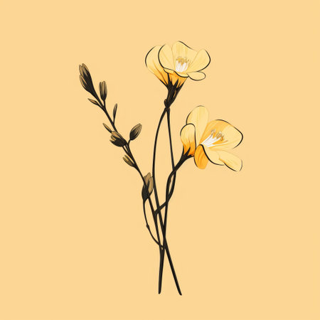 white petals on yellow flower background: a minimalist brushwork style showcases the scientific and pencil art illustrations of this flower. the light black and amber tones create a romantic and graceful atmosphere, reminiscent of delicate sculptures. this digital illustration captures the beauty and elegance of the flower in a unique and captivating way. ai generatedの素材